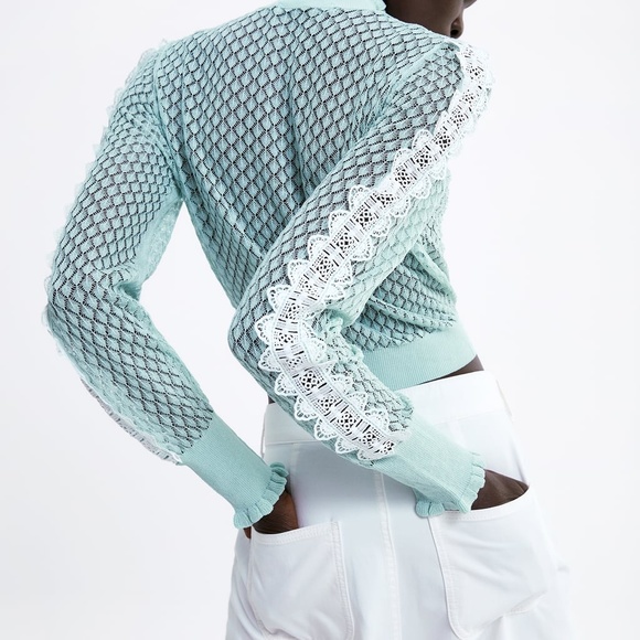 NWT ZARA KNIT SWEATER WITH RUFFLES Mint SMALL - Picture 6 of 8